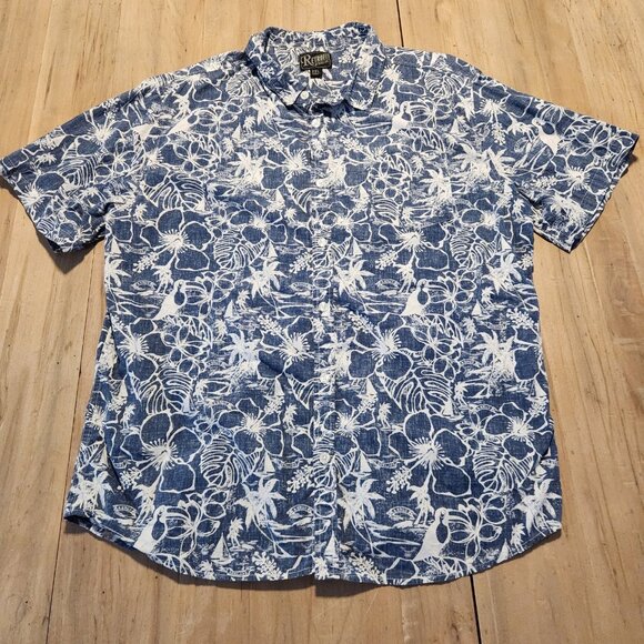 Retrofit Brand Hawaiian‎ Shirt Blue Tropical Hawaiian Palms Cotton Mens 2XL EUC - Picture 2 of 9